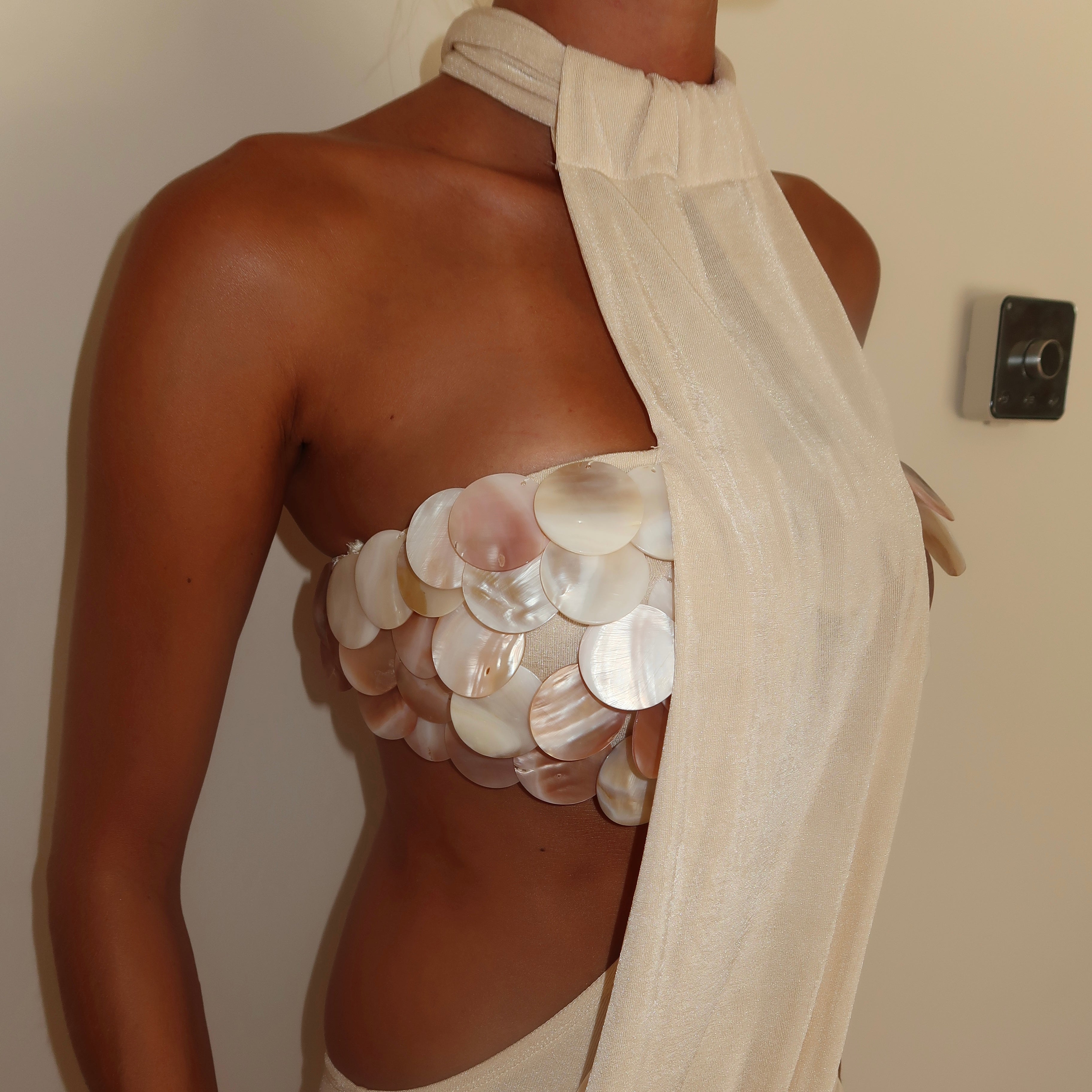 “Mother of pearl” maxi dress in Drape
