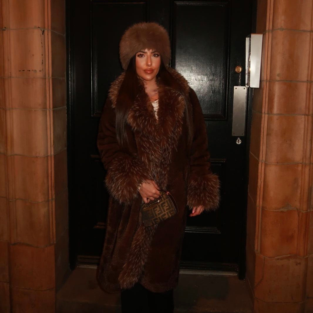 Brown cuff faux fur coat