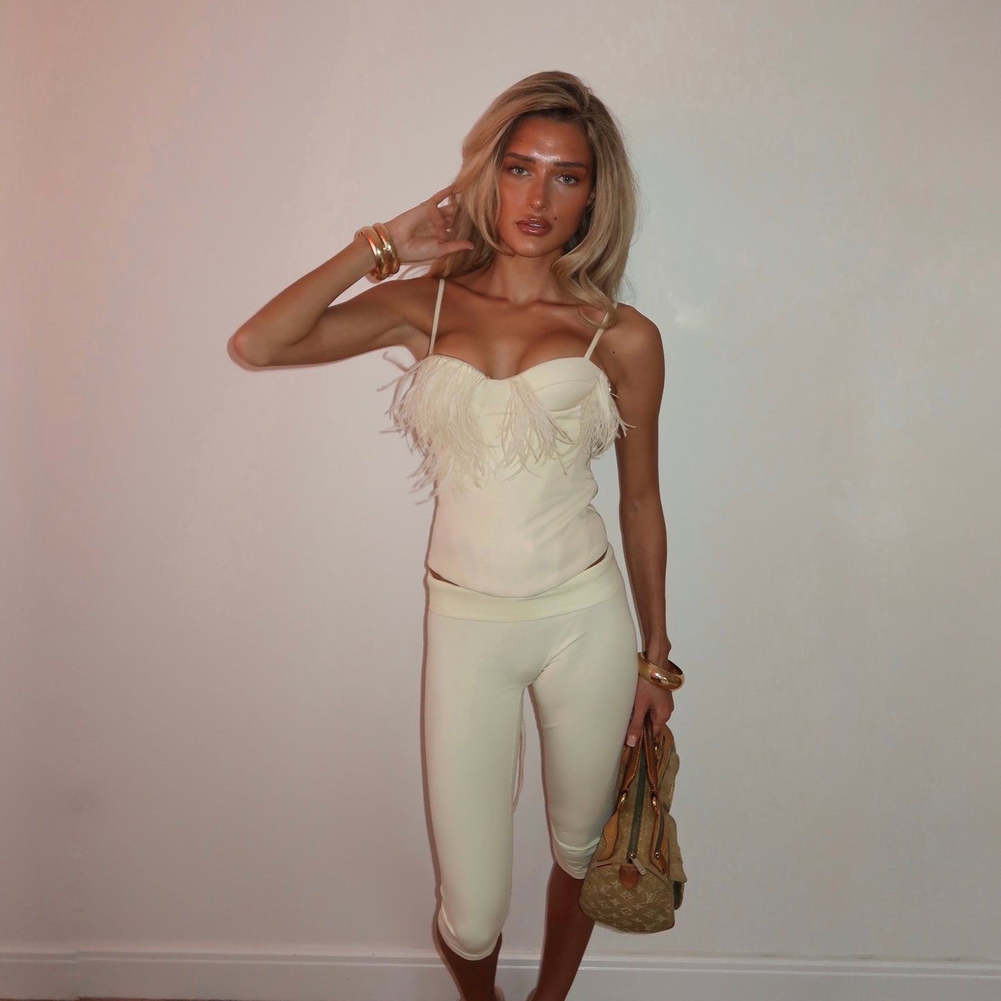 “Ostrich feather” corset top in Cream