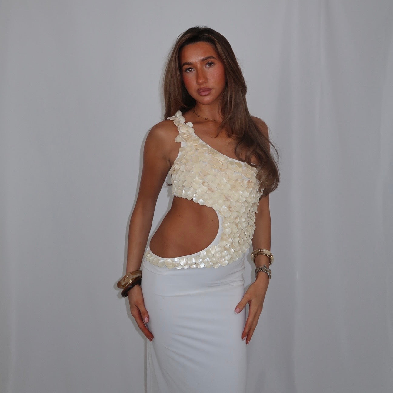 “Mother of pearl” cut out dress