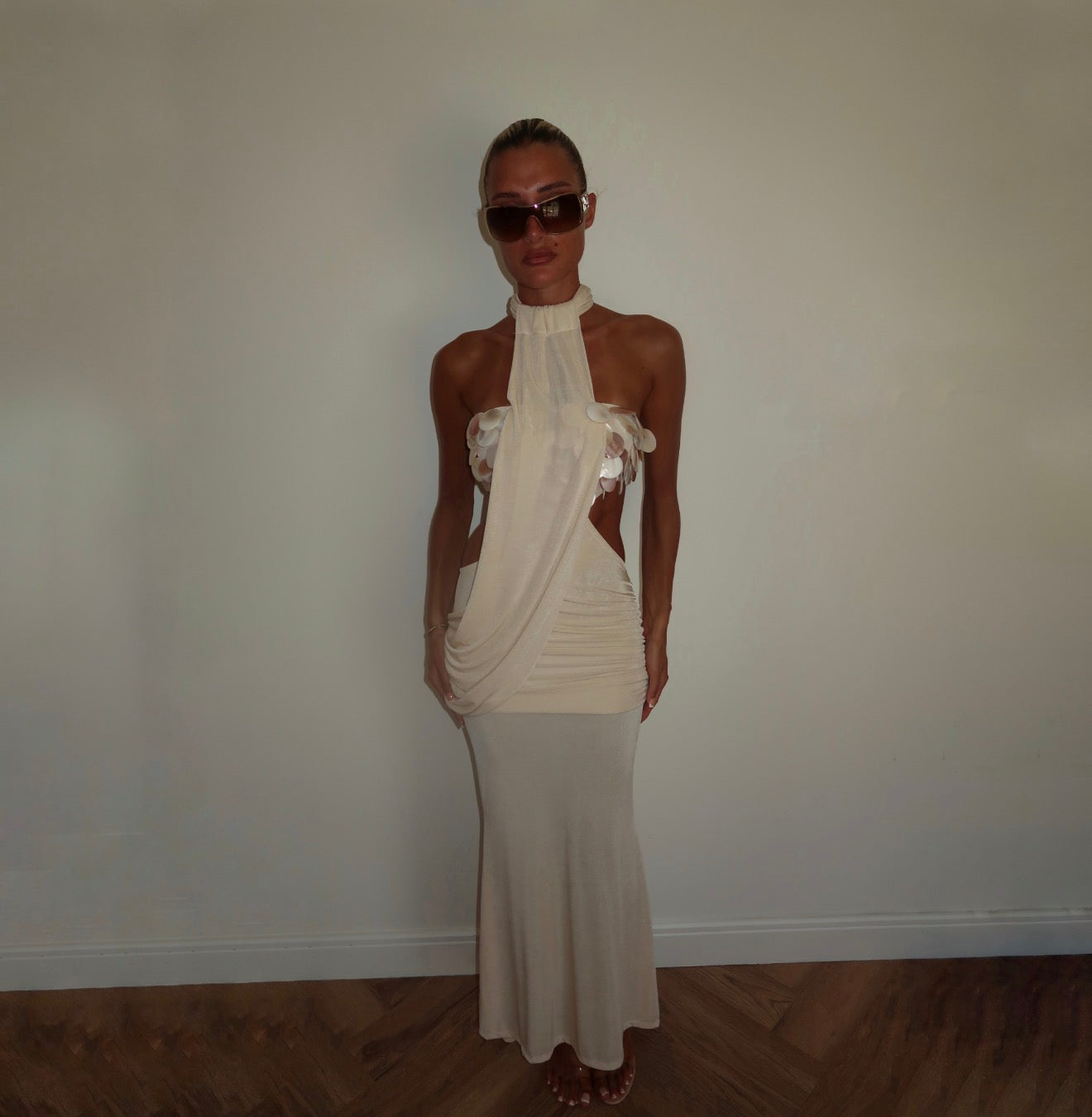 “Mother of pearl” maxi dress in Drape