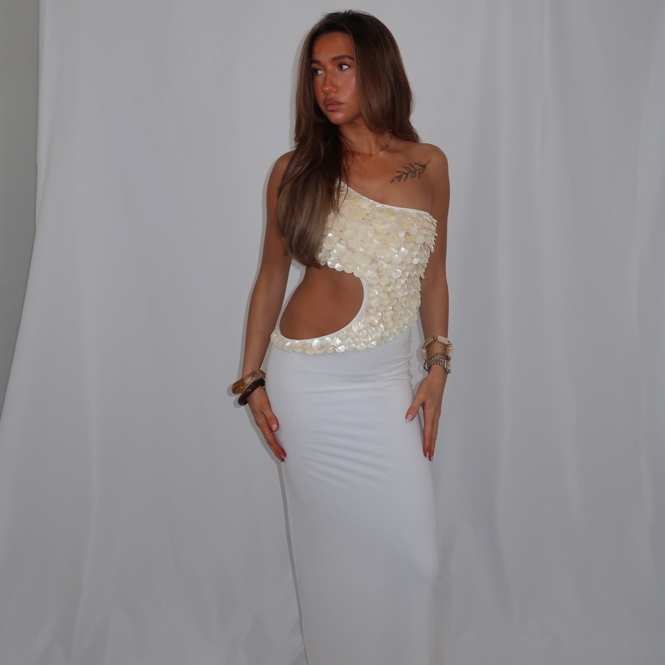 “Mother of pearl” cut out dress